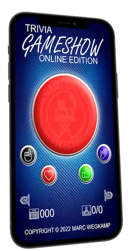 Trivia Gameshow screen with big red buzzer button and 4 differently colored helper button superimposed on an iPhone 12 with black borders